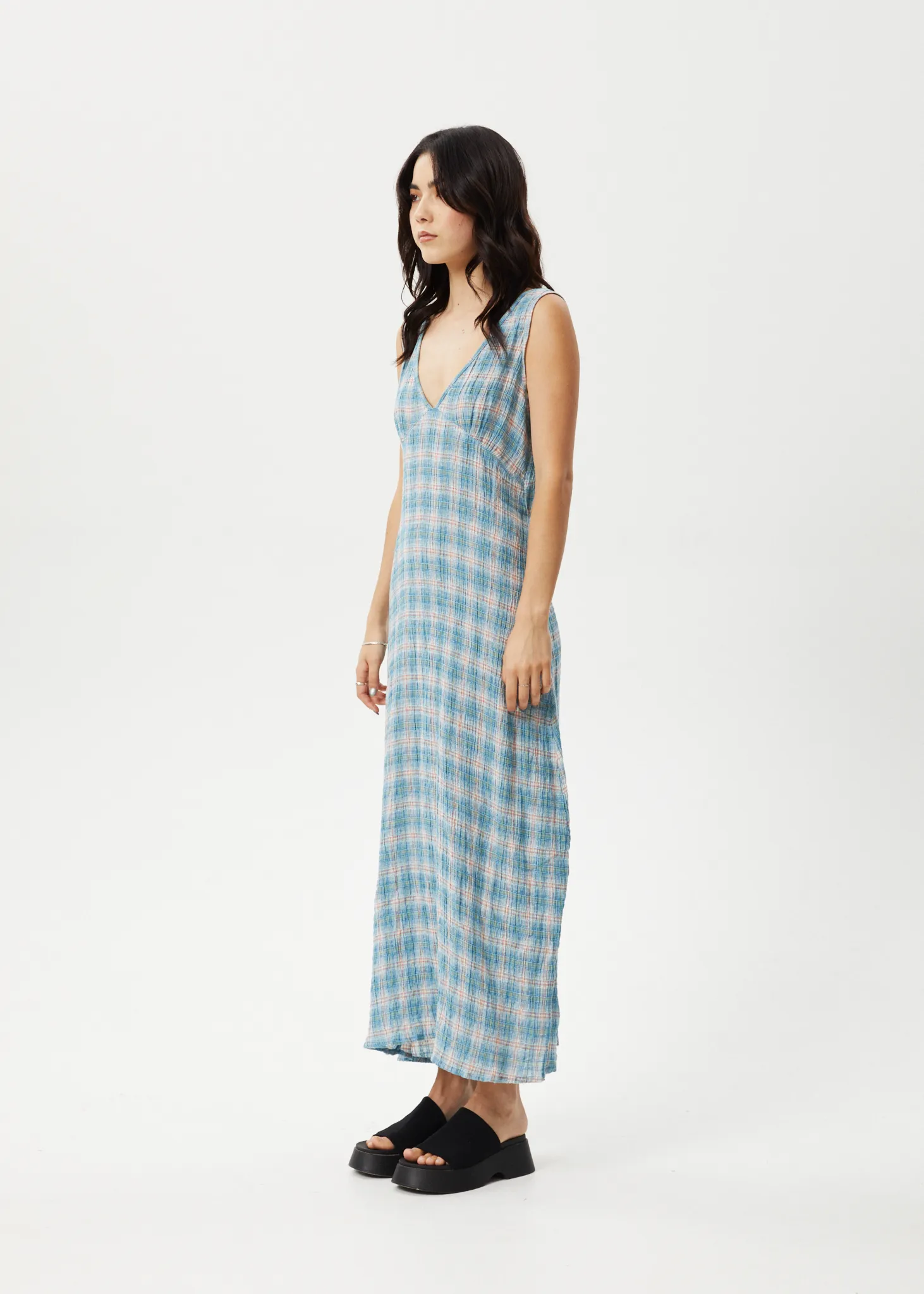 AFENDS Womens Position - Seersucker Check Maxi Dress - Lake Check