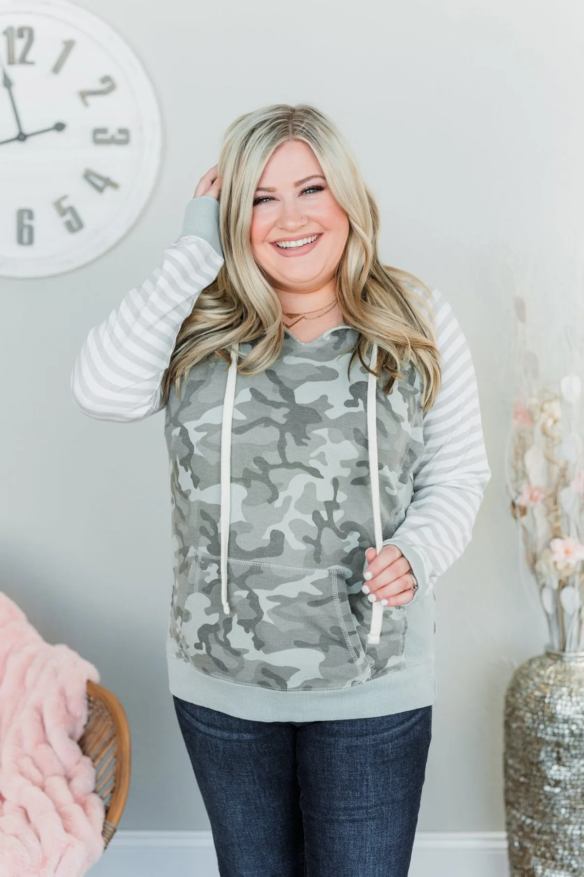 Always Authentic Drawstring Hoodie- Dusty Sage, Ivory, & Taupe