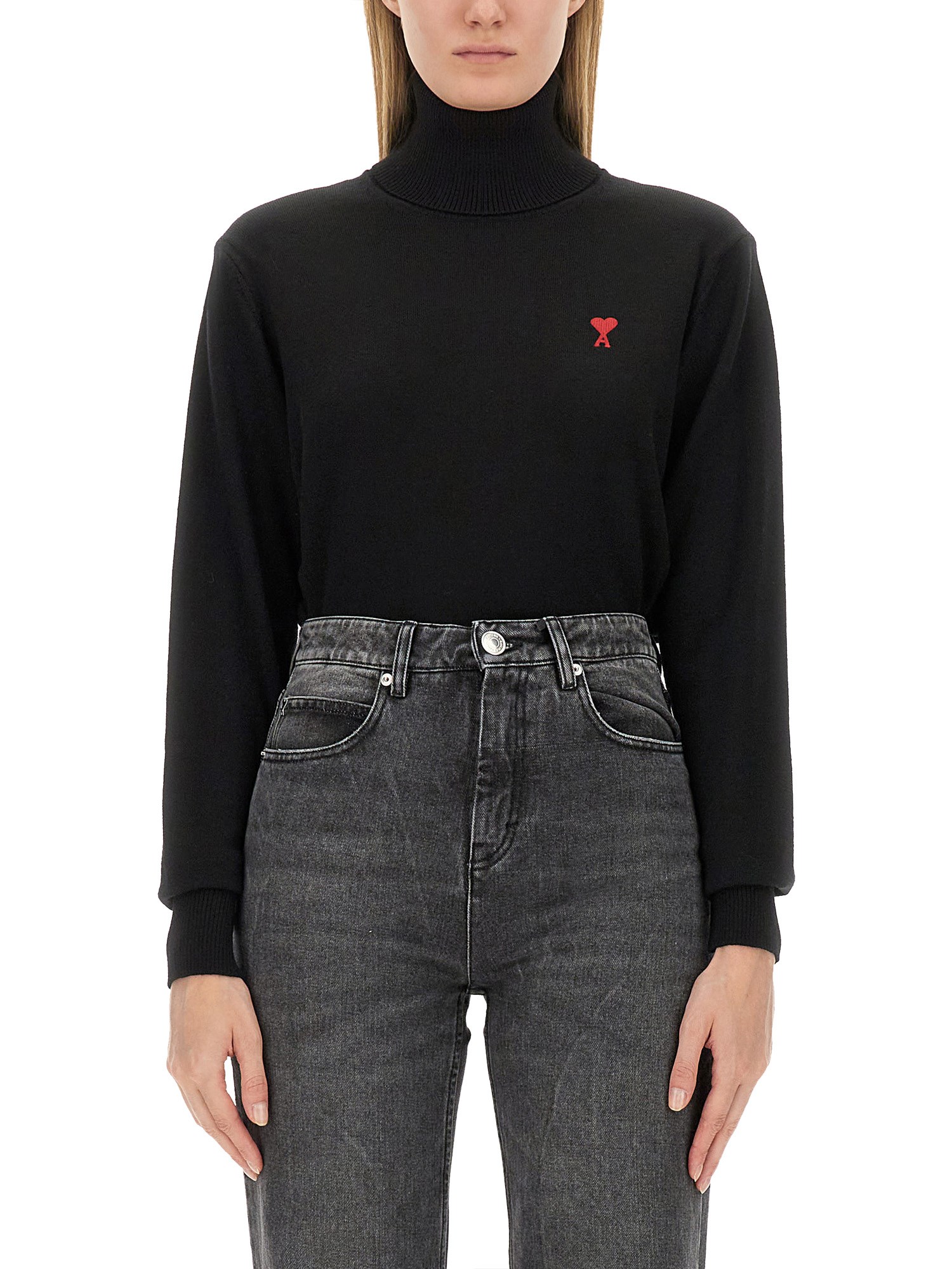 AMI PARIS    HIGH NECK SWEATER WITH AMI DE COUER EMBROIDERY