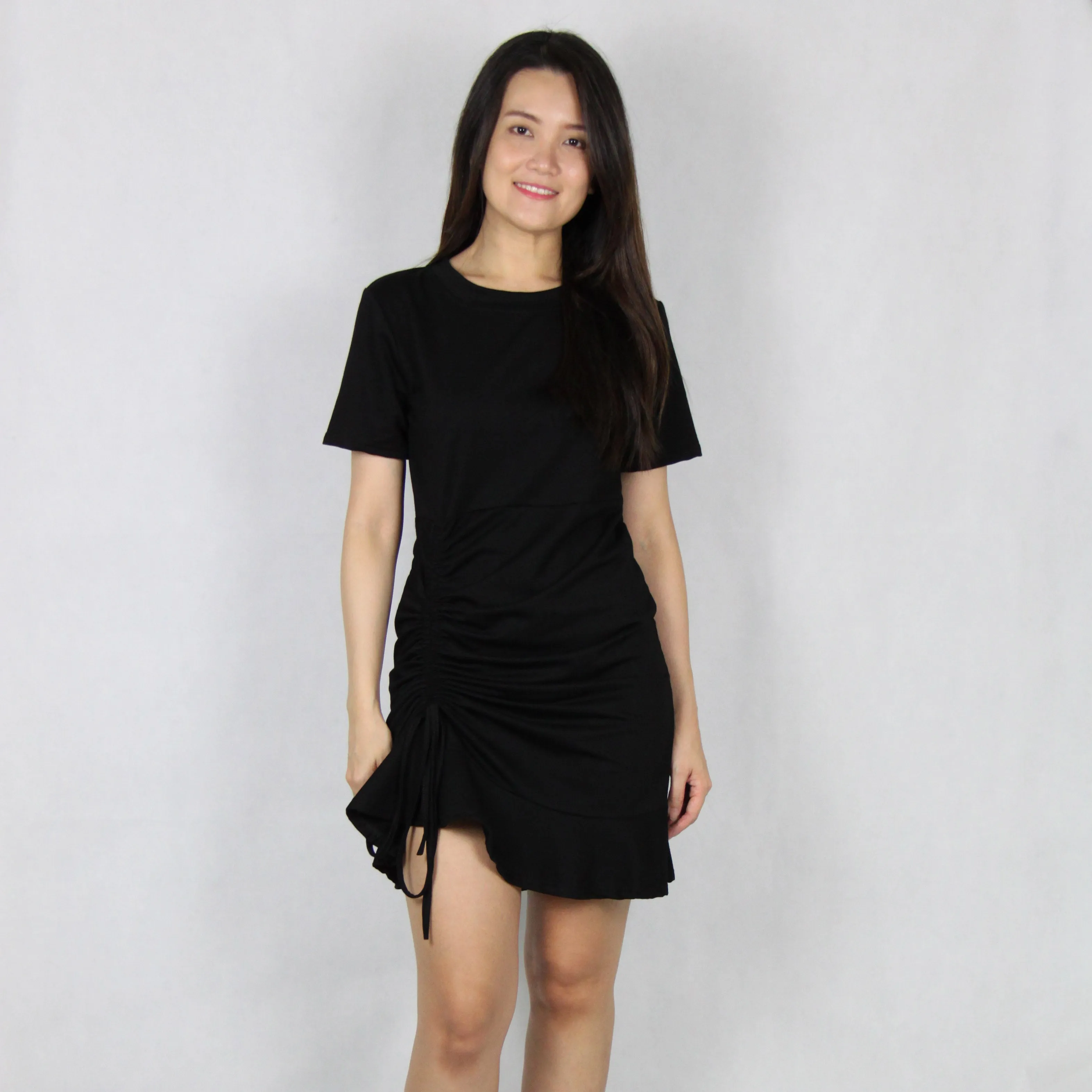 Basic Front Side Drawstring Cotton Mini Dress in Black