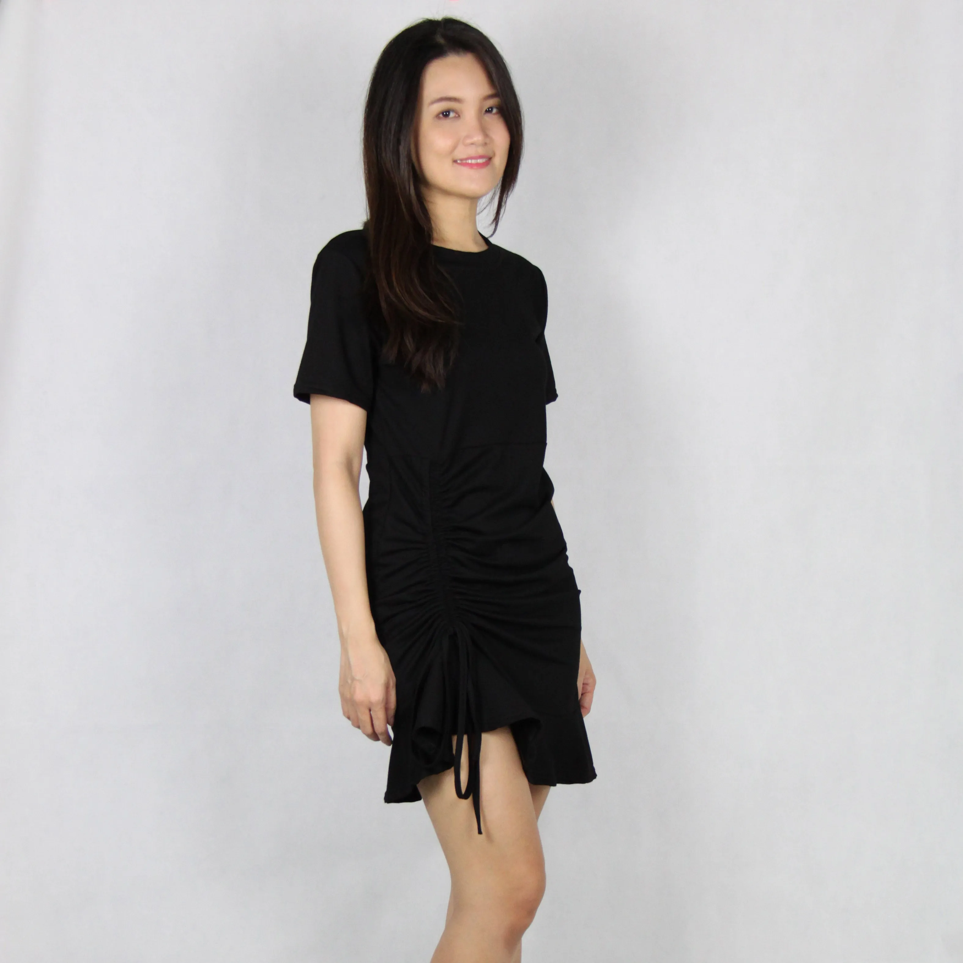 Basic Front Side Drawstring Cotton Mini Dress in Black