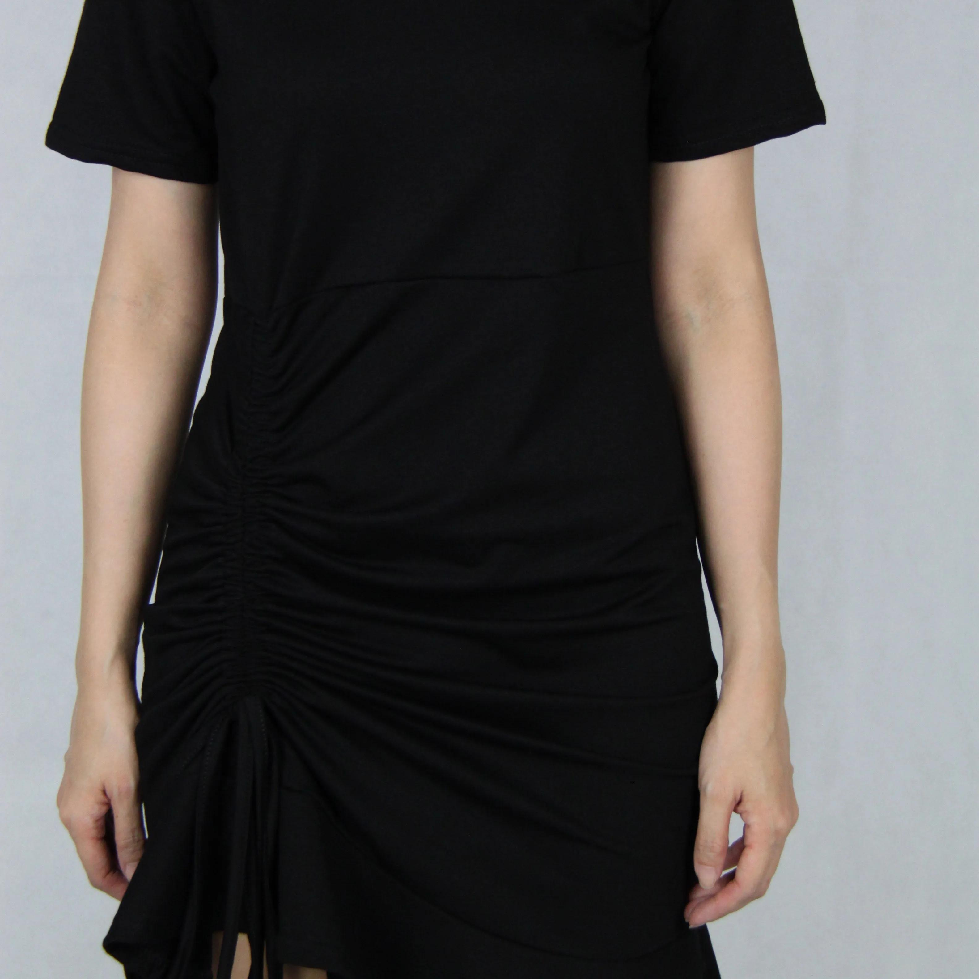 Basic Front Side Drawstring Cotton Mini Dress in Black