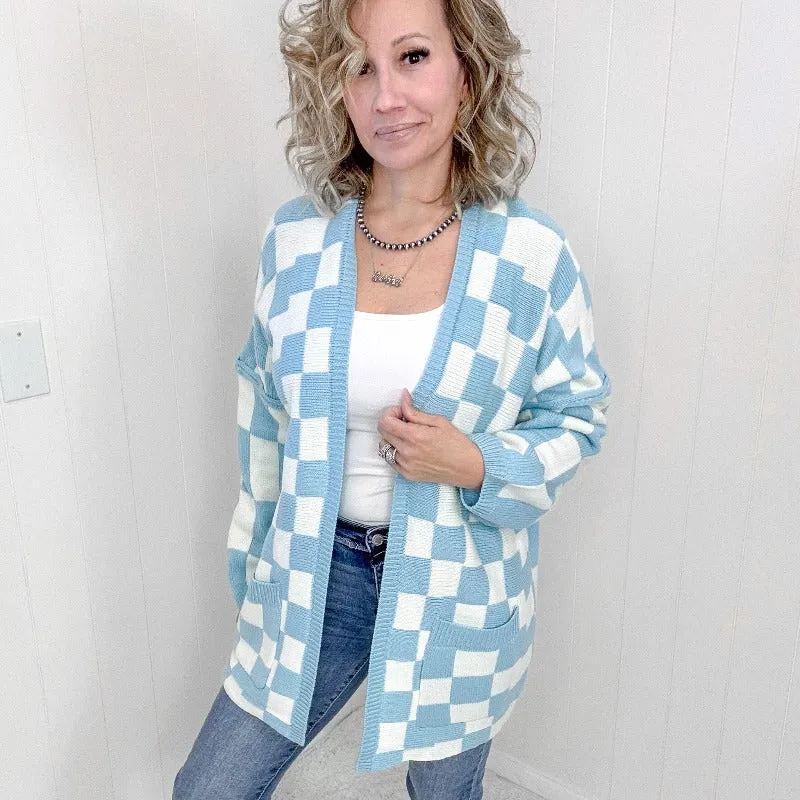 Blakeley Blue Beverly Checkered Print Open Front Cardigan