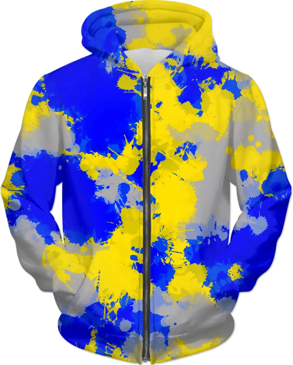 Blue and Yellow Paint Splatter Zip-Up Hoodie