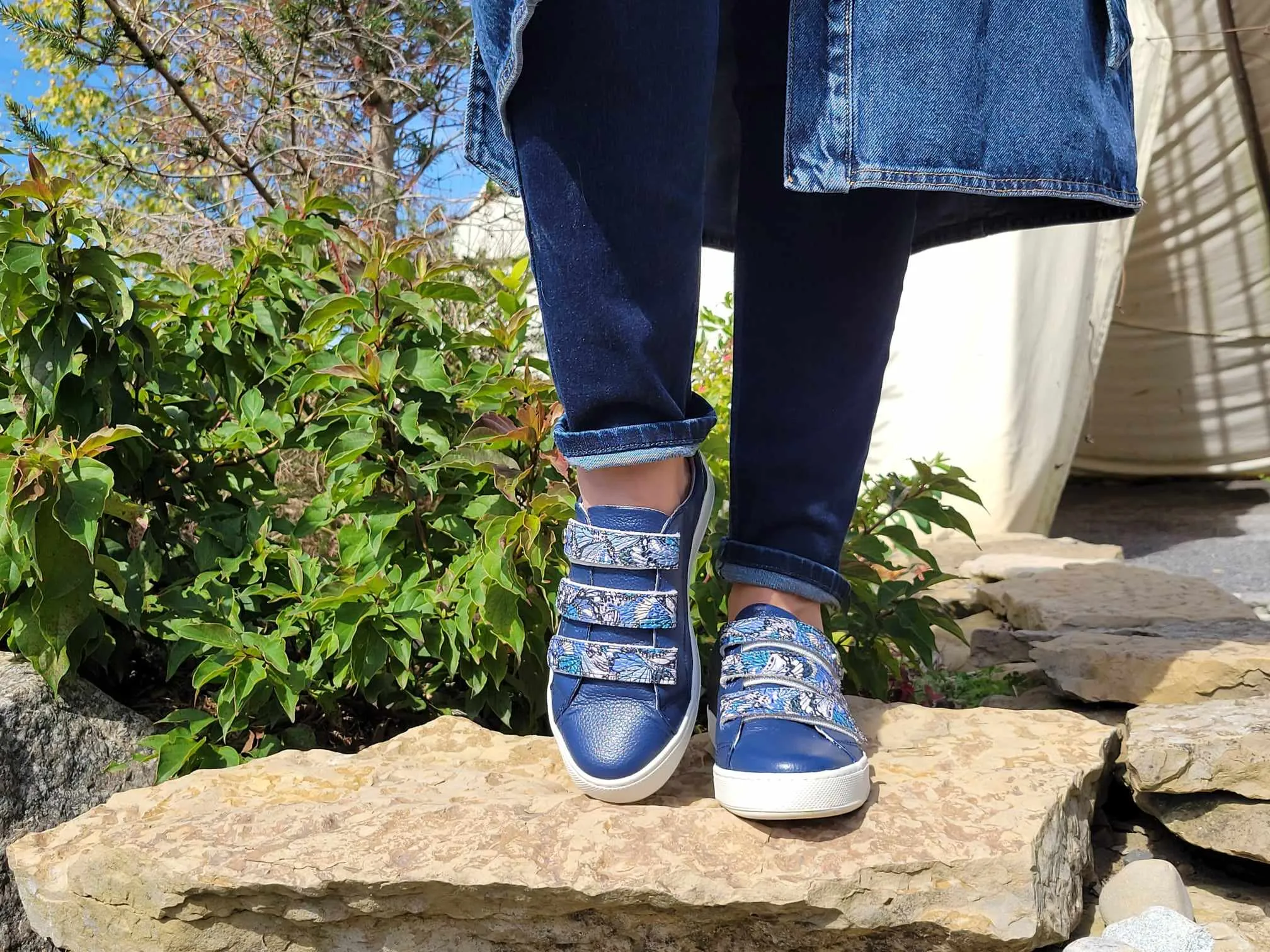 Blue Leather +Butterflies Velcro-Sneakers