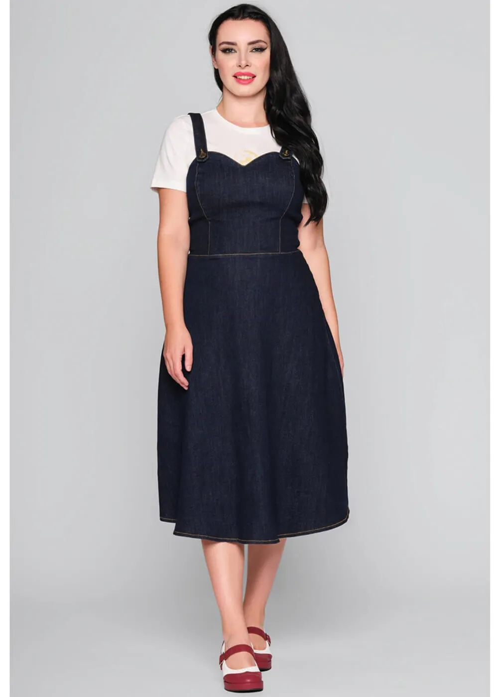 Collectif Jupiter Denim Pinafore 50's Swing Dress in Navy