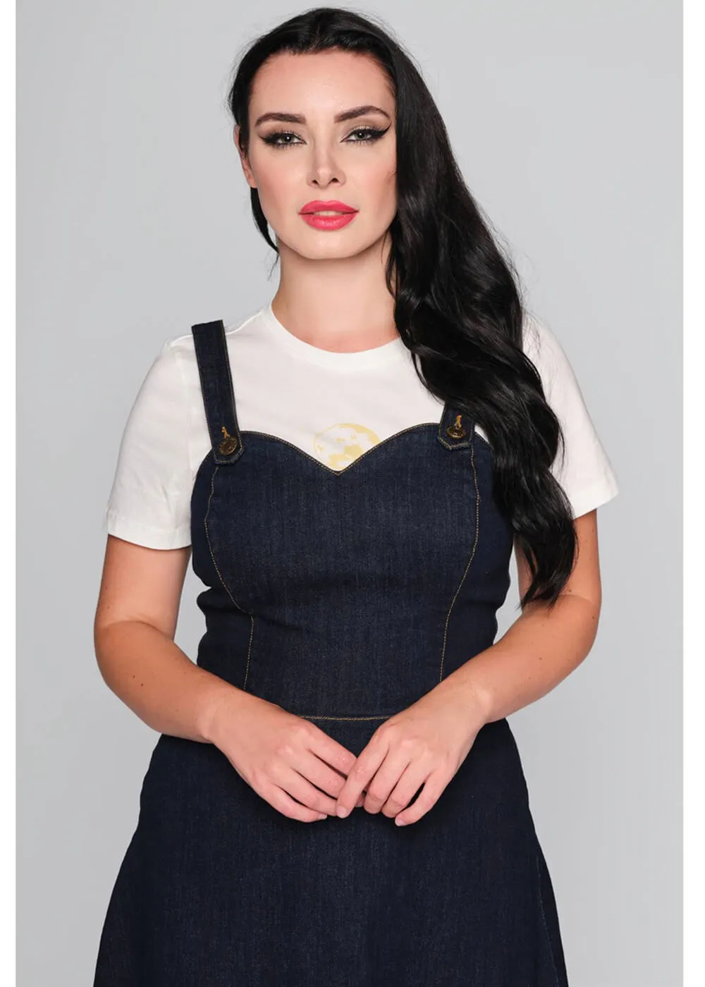 Collectif Jupiter Denim Pinafore 50's Swing Dress in Navy