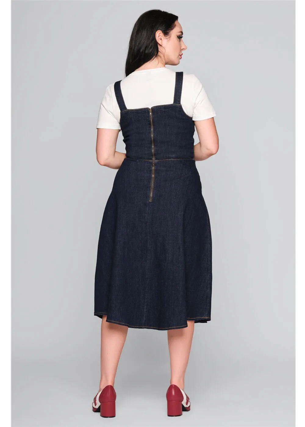 Collectif Jupiter Denim Pinafore 50's Swing Dress in Navy