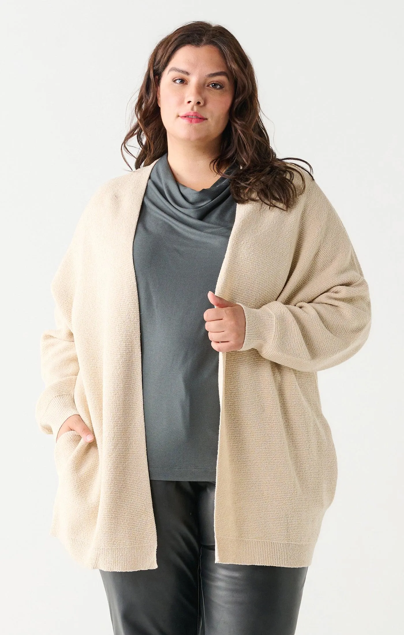 Dex Plus Ottoman Ribbed Cardigan In Ecru