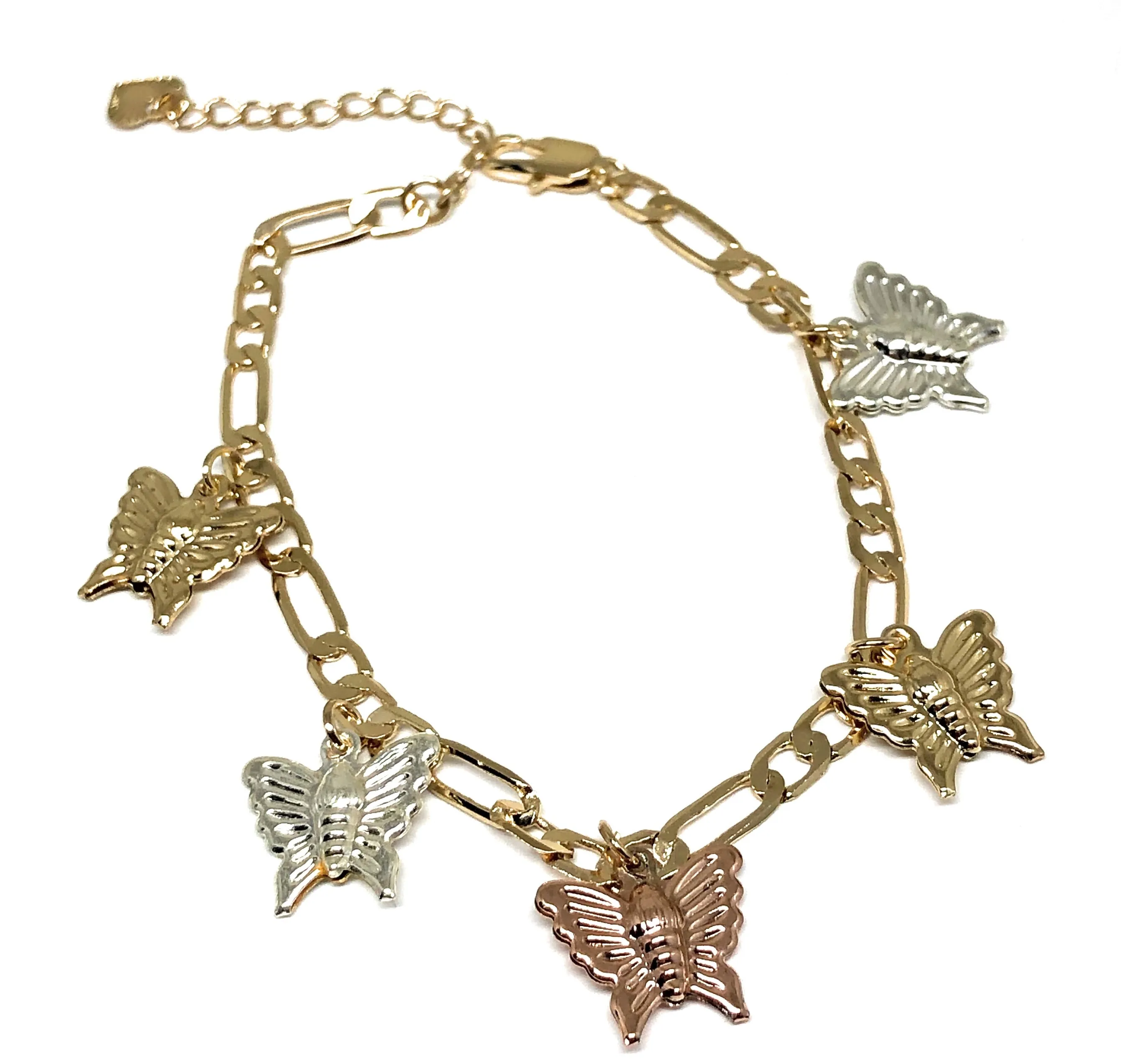 Gold Plated Tri-Color Butterfly Charm Figaro Bracelet 6.5-8 inch adjustable