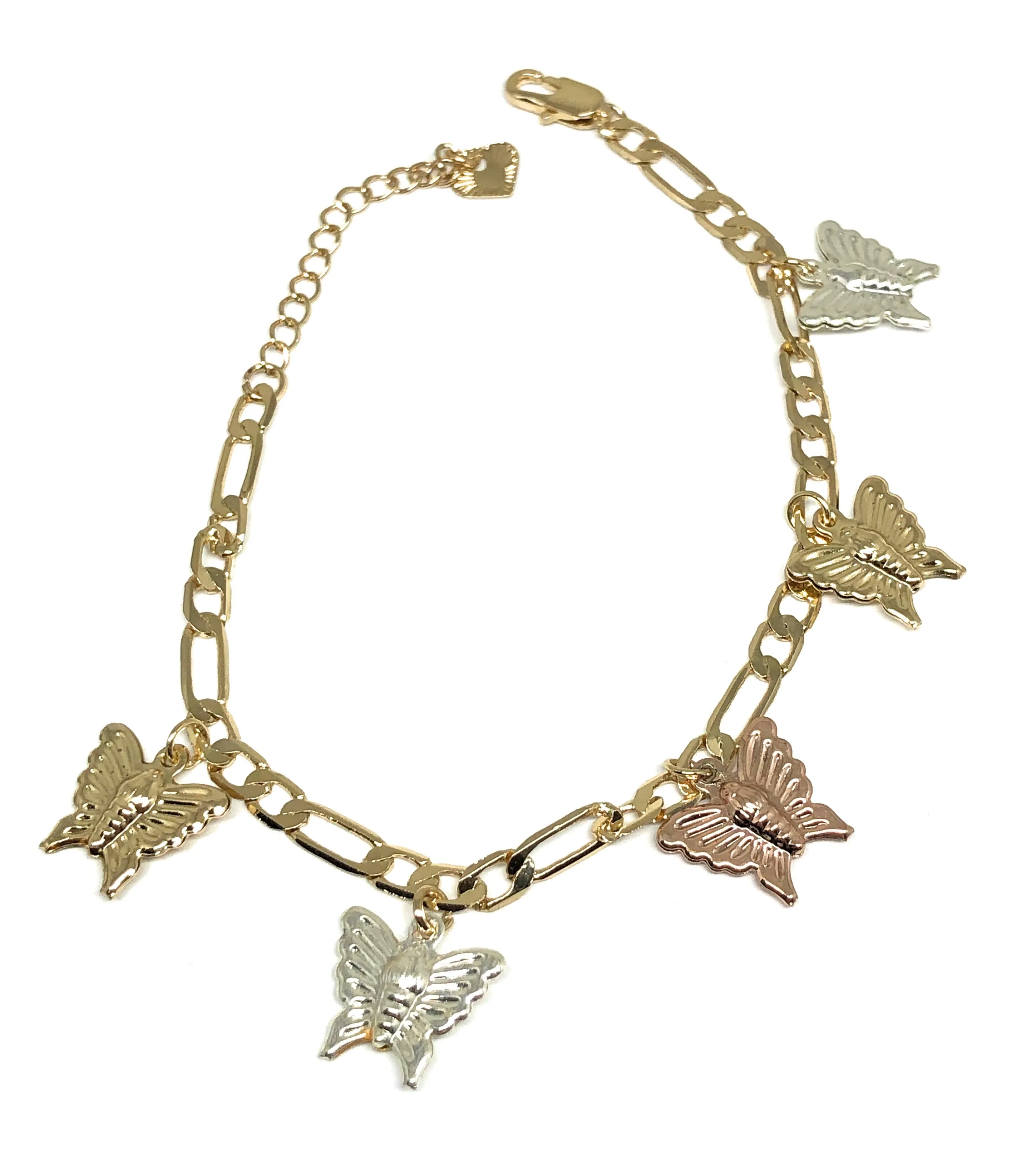 Gold Plated Tri-Color Butterfly Charm Figaro Bracelet 6.5-8 inch adjustable