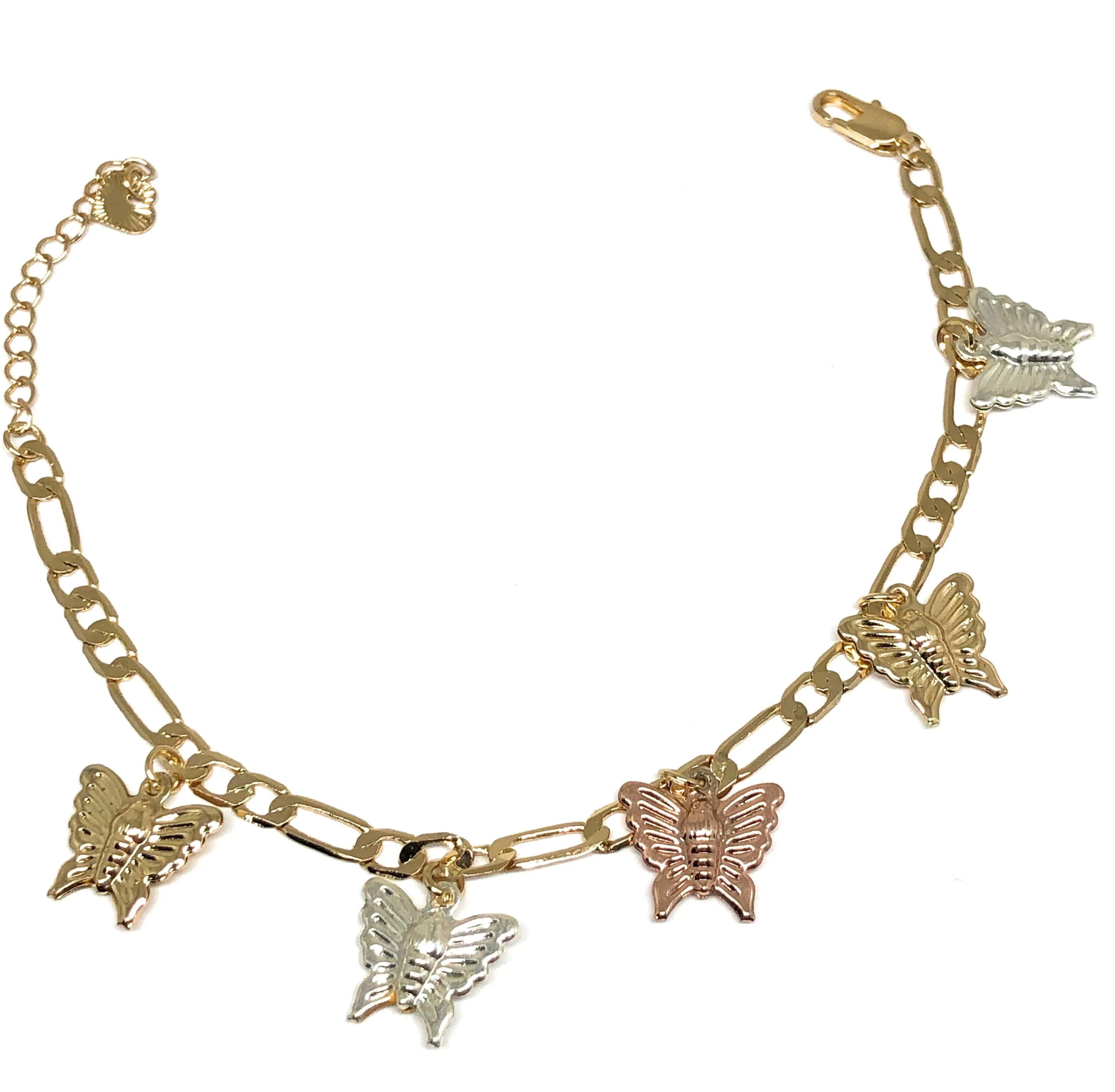 Gold Plated Tri-Color Butterfly Charm Figaro Bracelet 6.5-8 inch adjustable