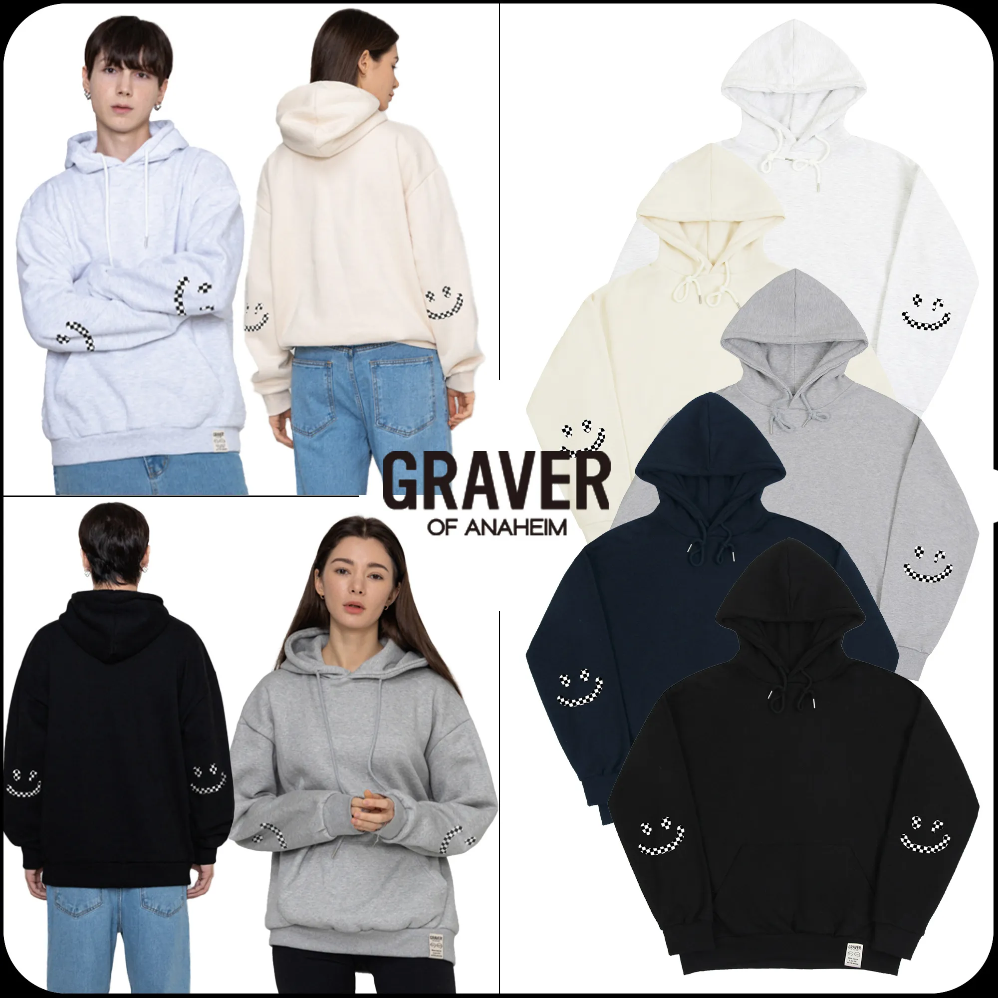 GRAVER  |[GRAVER]★ELBOW CHECKERBOARD DRAWING SMILE HOODIE