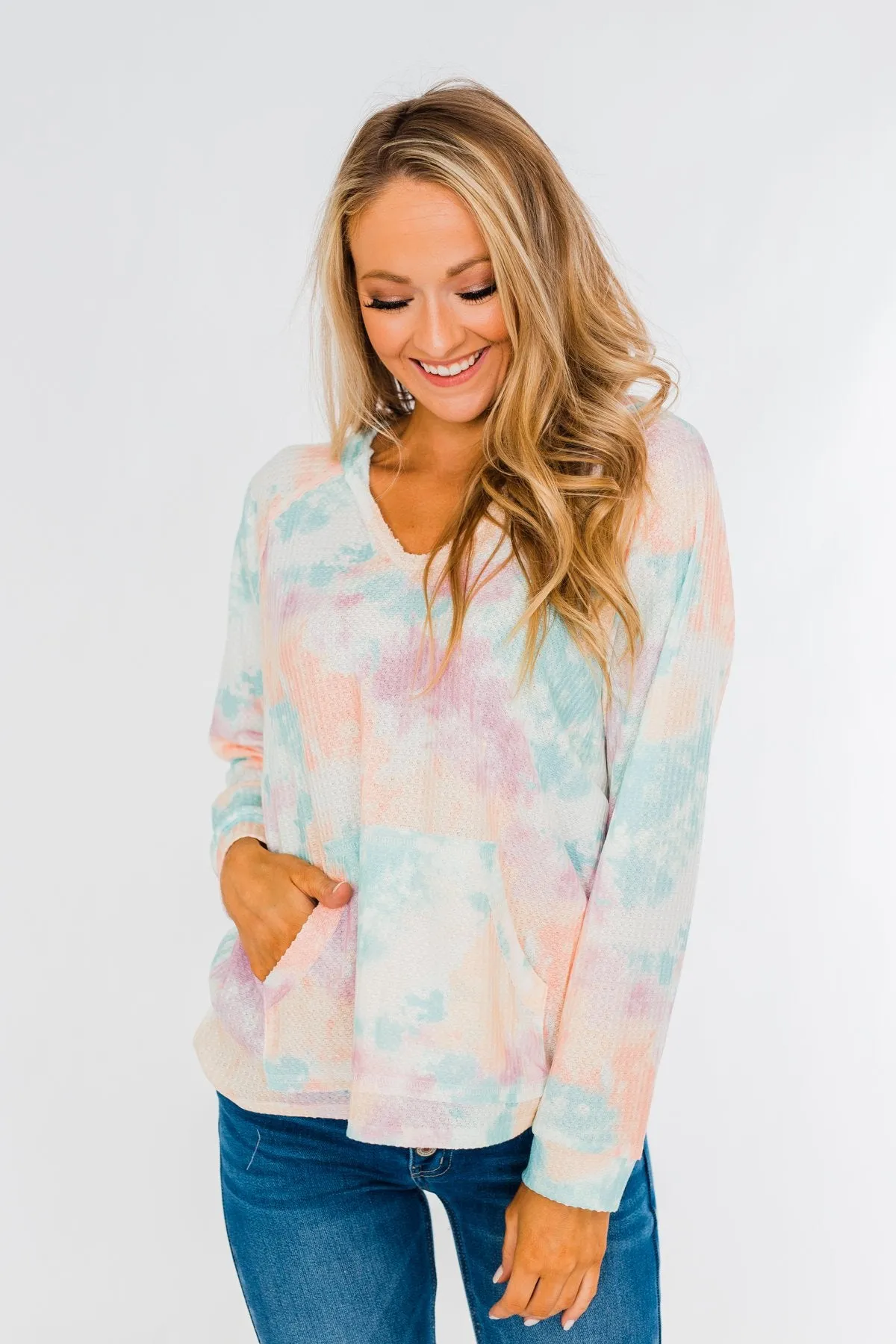 Happy To Be Here Tie Dye Hoodie- Orchid Purple, Teal, Peach, & Ivory