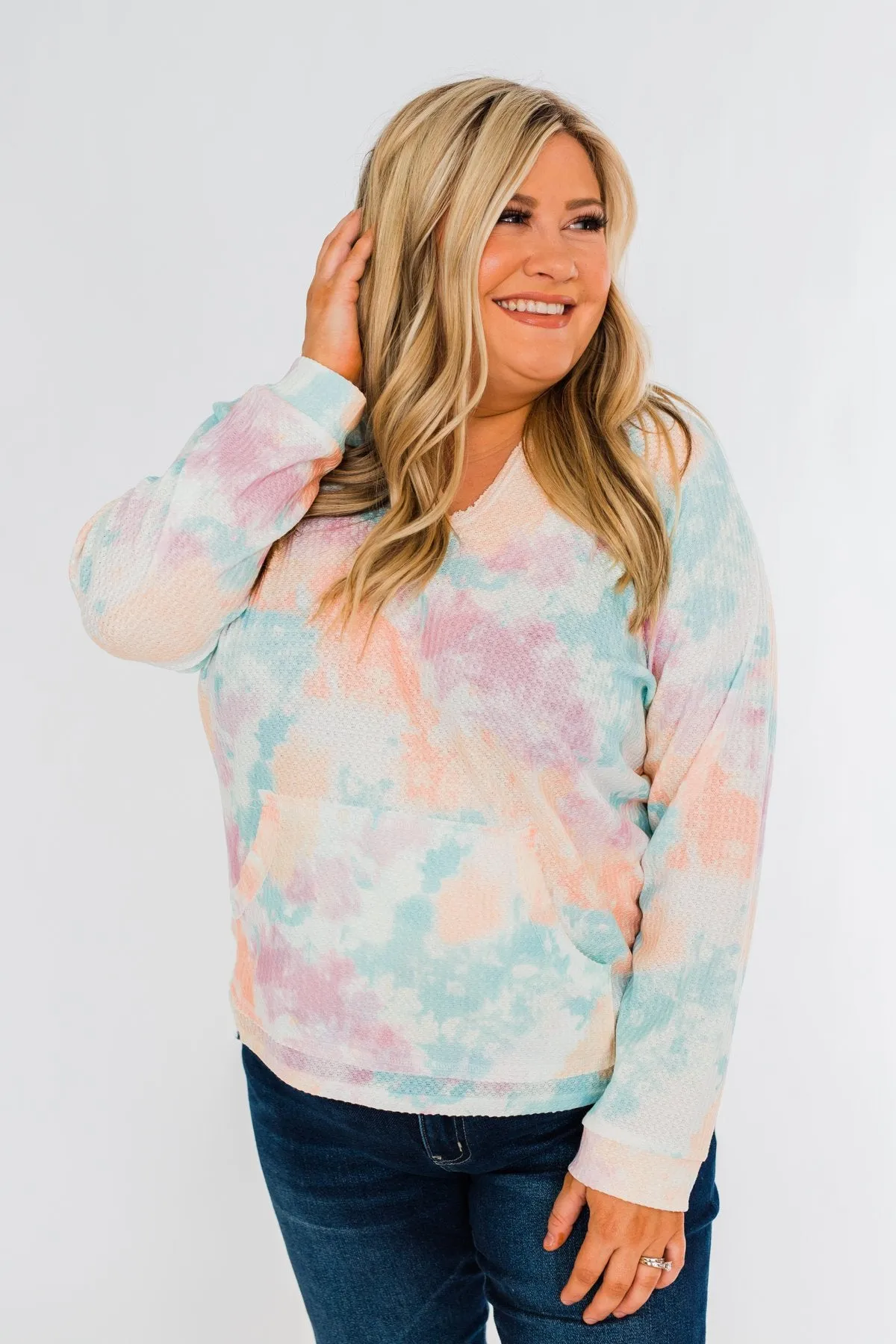 Happy To Be Here Tie Dye Hoodie- Orchid Purple, Teal, Peach, & Ivory