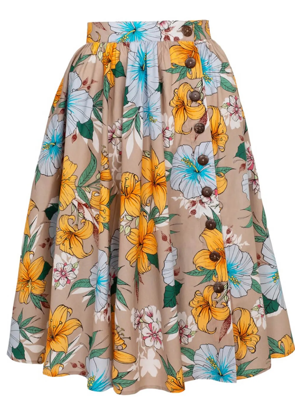 Hell Bunny Pattaya Floral 50's Swing Skirt Beige