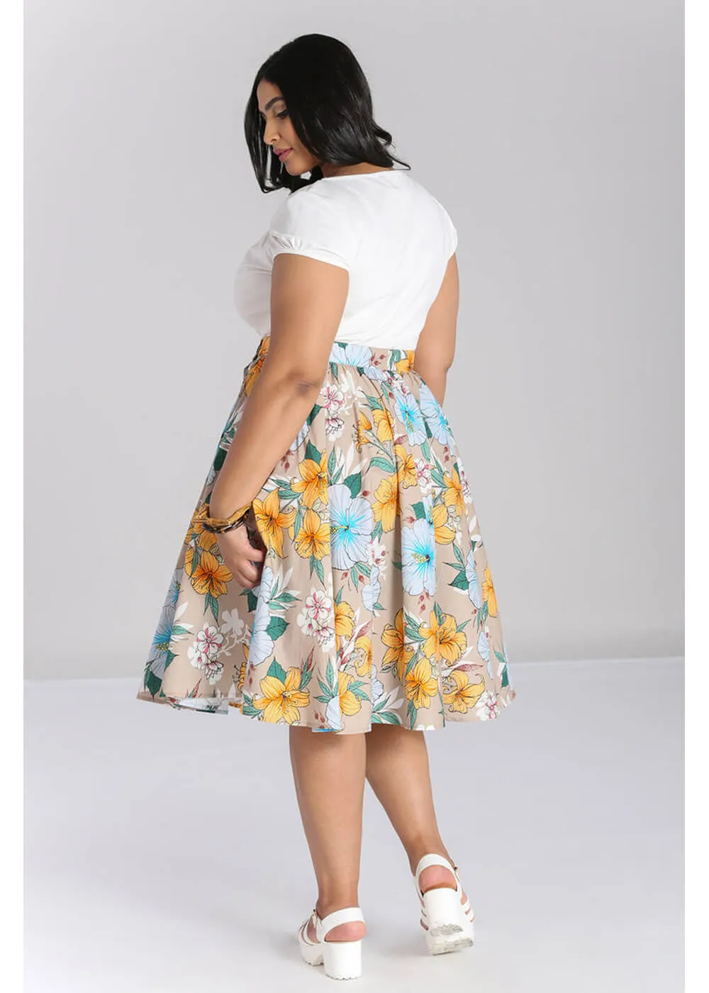 Hell Bunny Pattaya Floral 50's Swing Skirt Beige