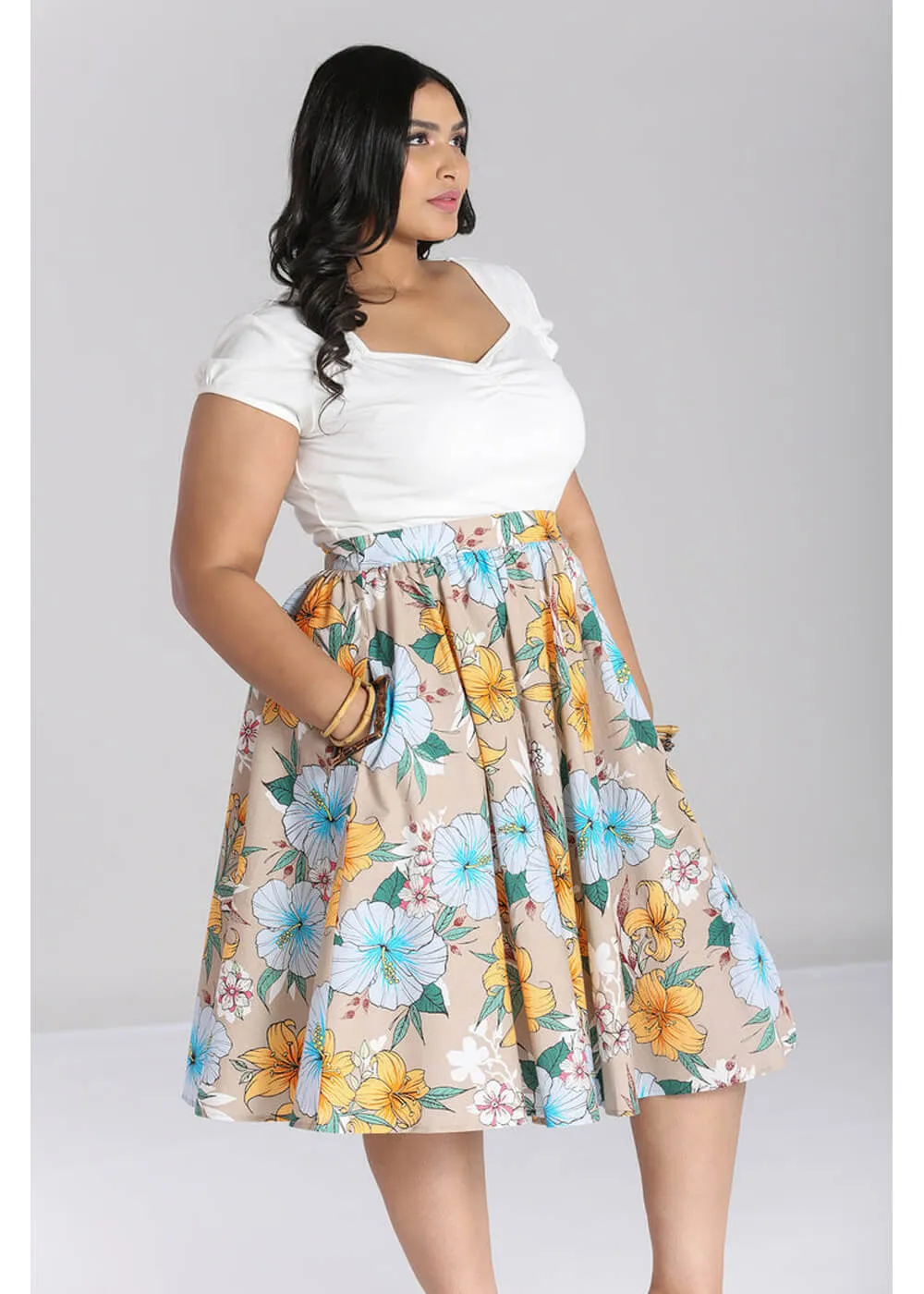 Hell Bunny Pattaya Floral 50's Swing Skirt Beige