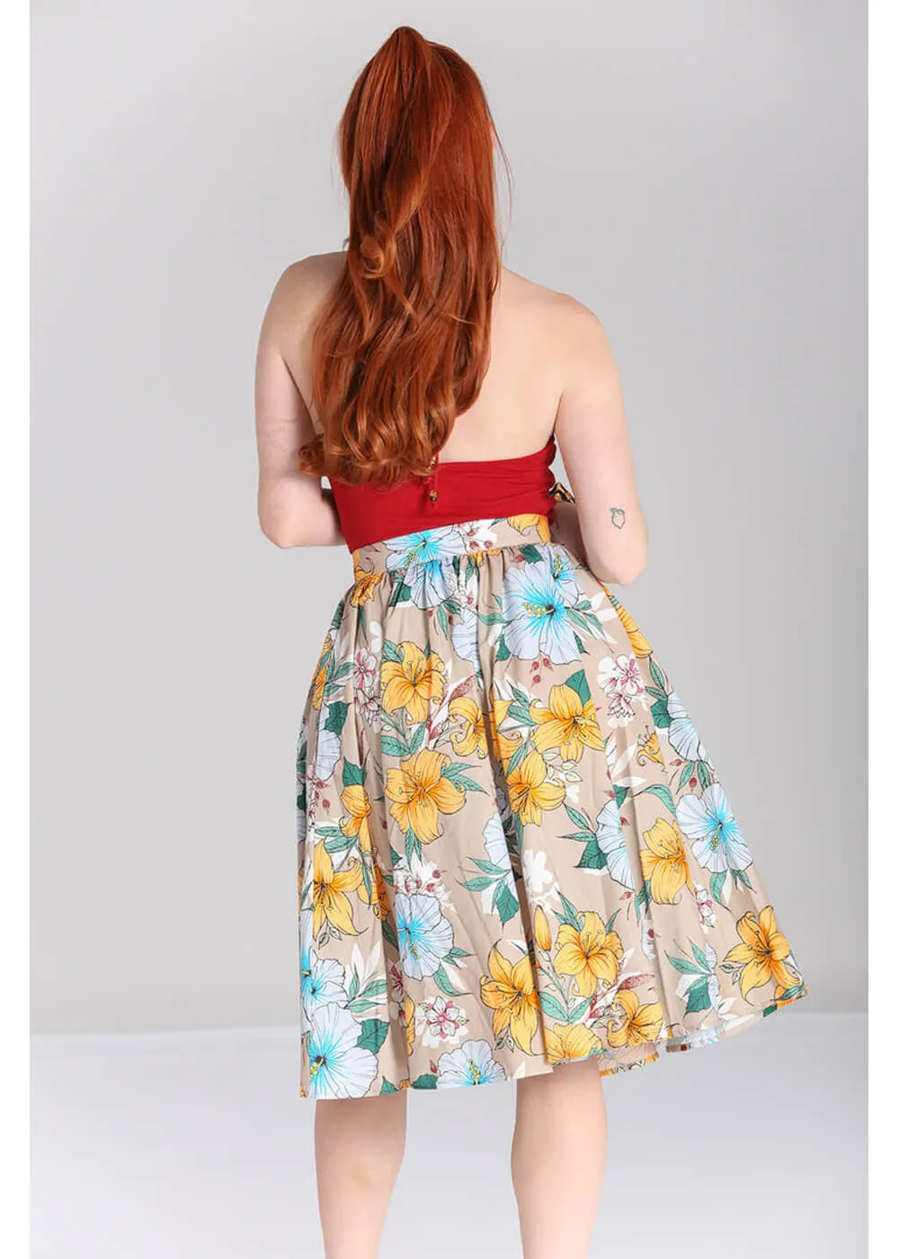 Hell Bunny Pattaya Floral 50's Swing Skirt Beige