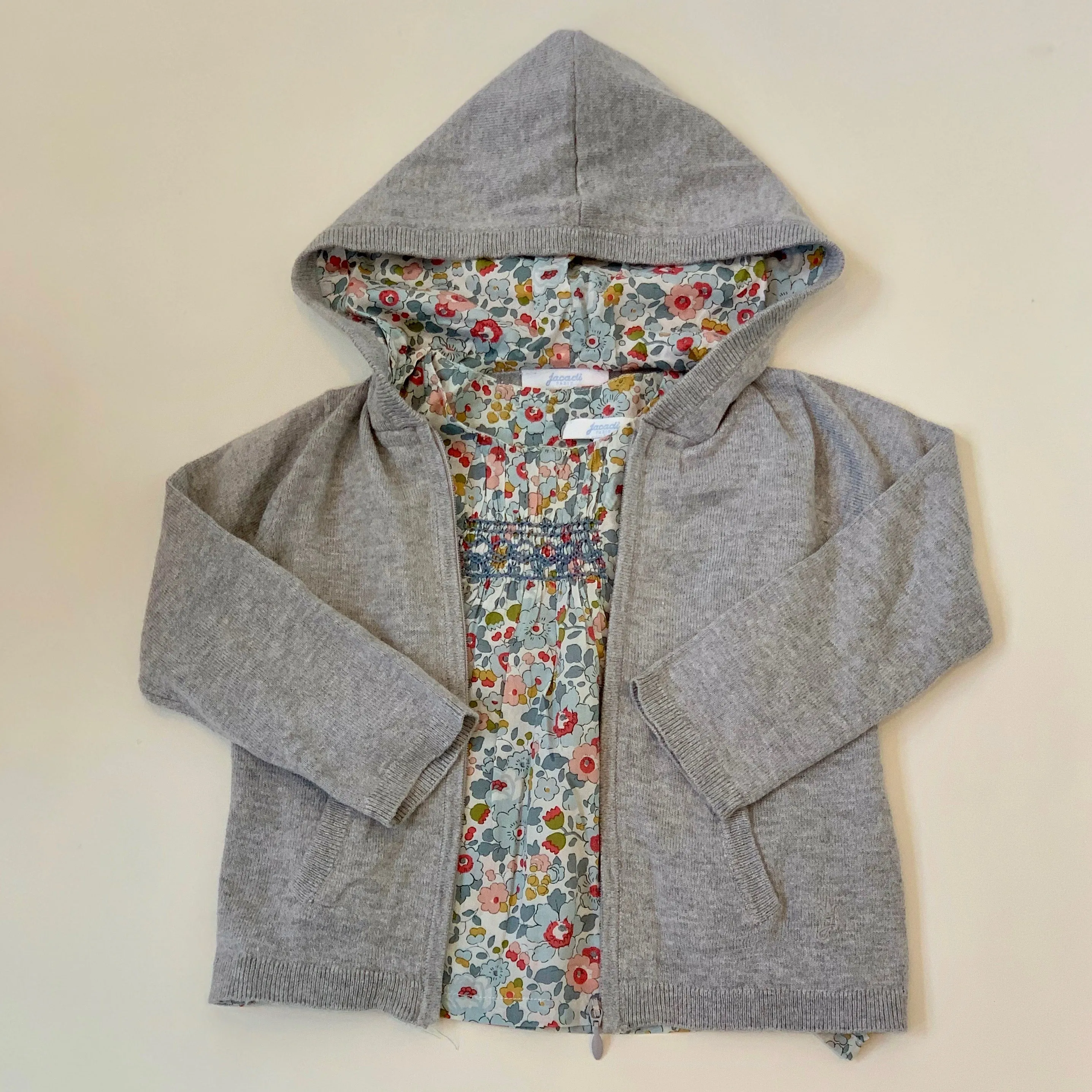 Jacadi Grey Cotton Sweater With Liberty Print Hood: 2 Years