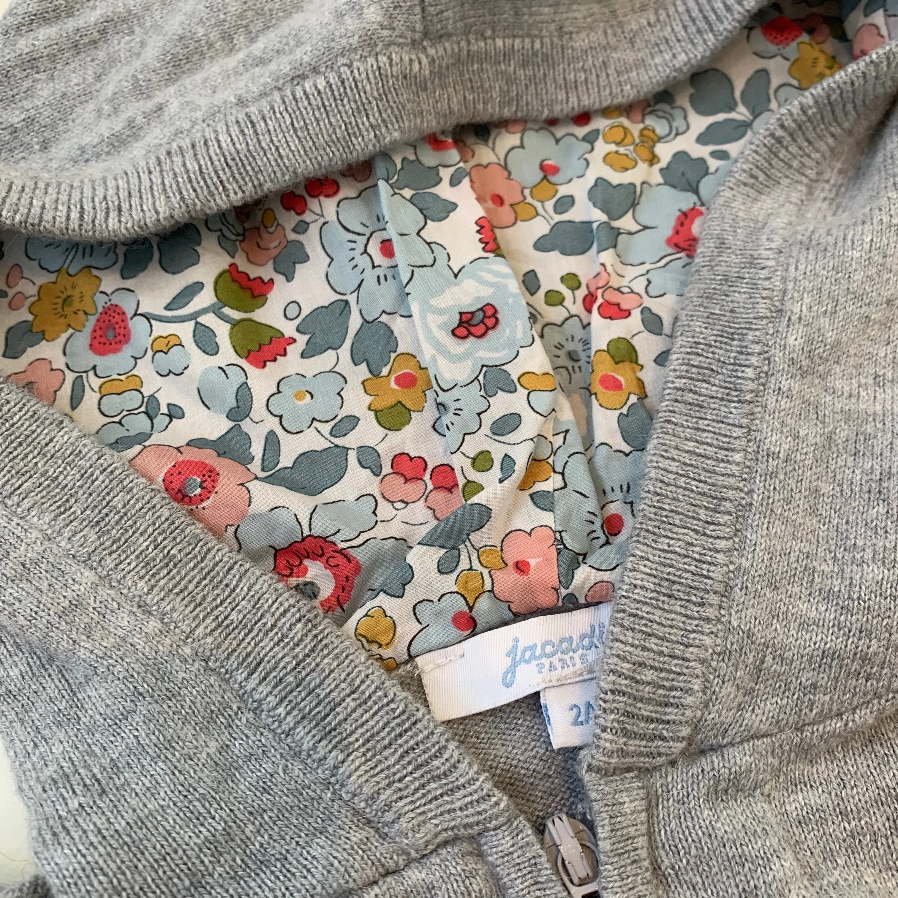 Jacadi Grey Cotton Sweater With Liberty Print Hood: 2 Years