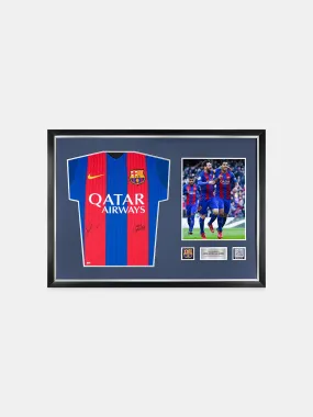 Lionel Messi & Luis Suarez Official FC Barcelona Front Signed and Framed 2016-17 Home Shirt