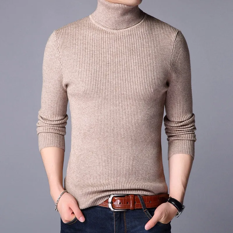 Men's Casual Fashion Solid Color Warm Knit Turtle Neck Sweater