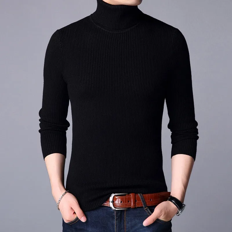 Men's Casual Fashion Solid Color Warm Knit Turtle Neck Sweater