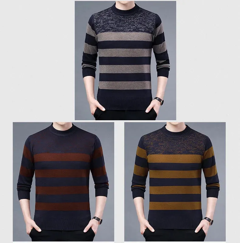 Men's Casual O-Neck Winter Warm Striped Knitted Pullover Sweater