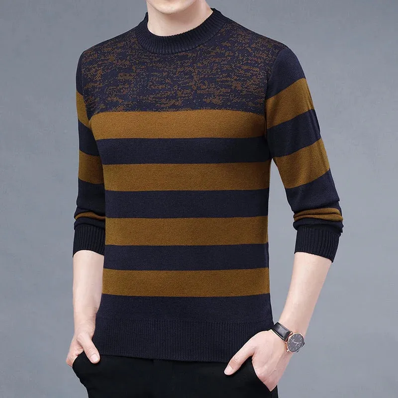 Men's Casual O-Neck Winter Warm Striped Knitted Pullover Sweater