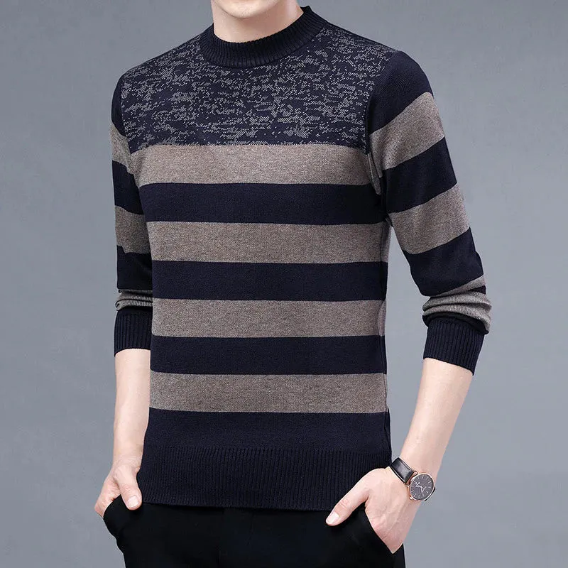 Men's Casual O-Neck Winter Warm Striped Knitted Pullover Sweater