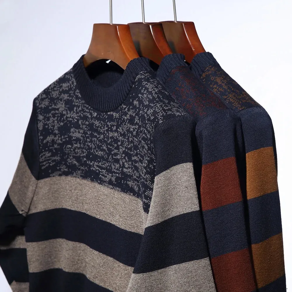 Men's Casual O-Neck Winter Warm Striped Knitted Pullover Sweater