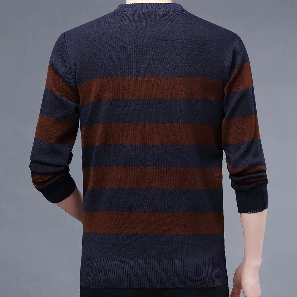 Men's Casual O-Neck Winter Warm Striped Knitted Pullover Sweater