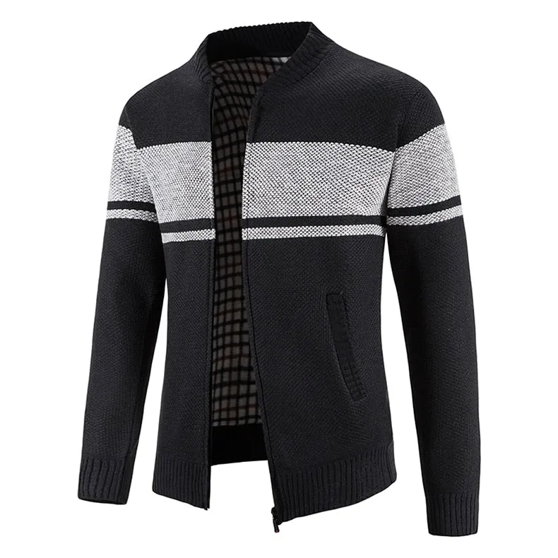 Men's Casual Patchwork O-Neck Computer Knitted Zipper Cardigan Sweater