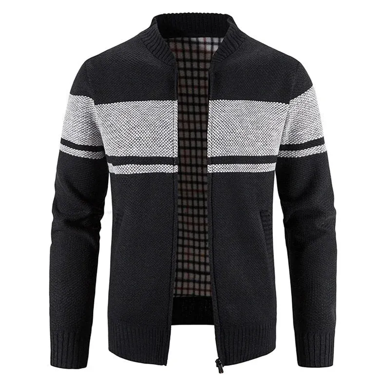 Men's Casual Patchwork O-Neck Computer Knitted Zipper Cardigan Sweater