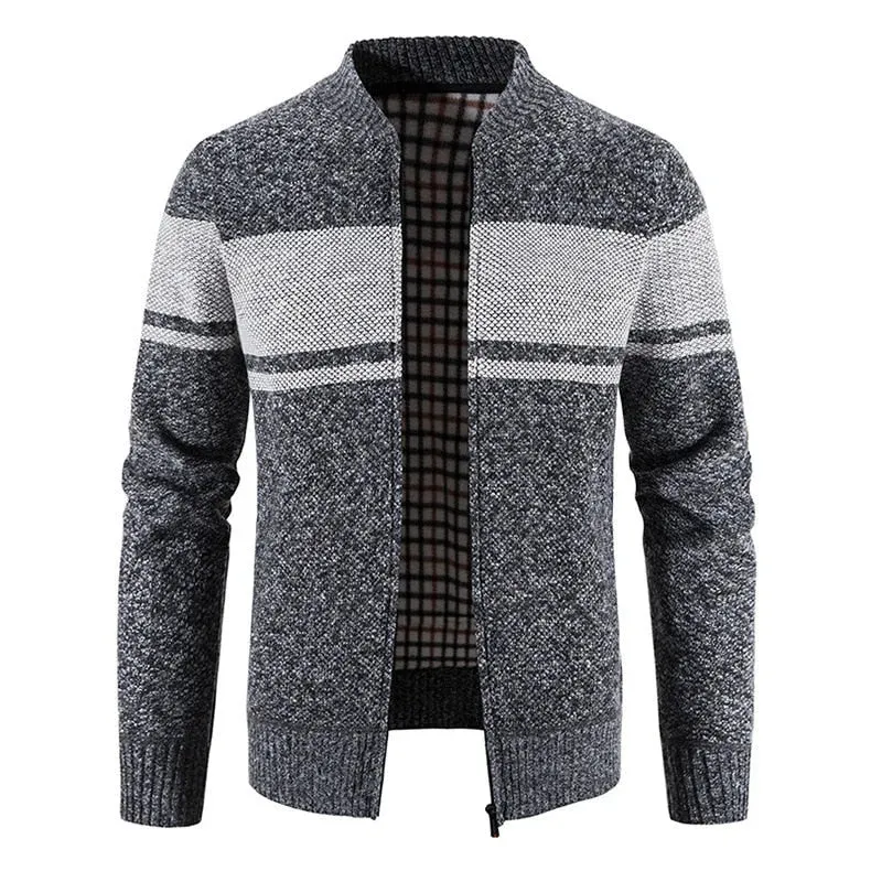 Men's Casual Patchwork O-Neck Computer Knitted Zipper Cardigan Sweater