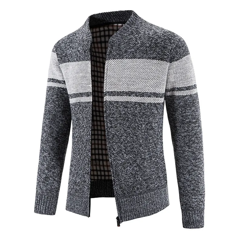 Men's Casual Patchwork O-Neck Computer Knitted Zipper Cardigan Sweater