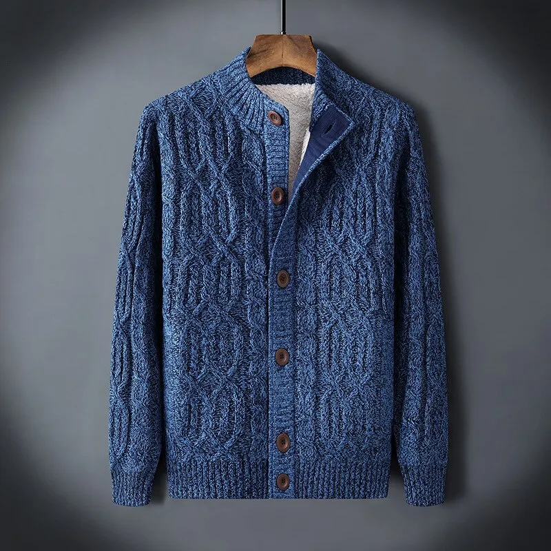 Men's Geometric Pattern Thicken O-Neck Knitted Tide Cardigans Sweater