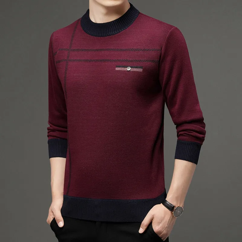 Men's Standard Wool Thick Winter Warm Striped Knitted Pullover Sweater