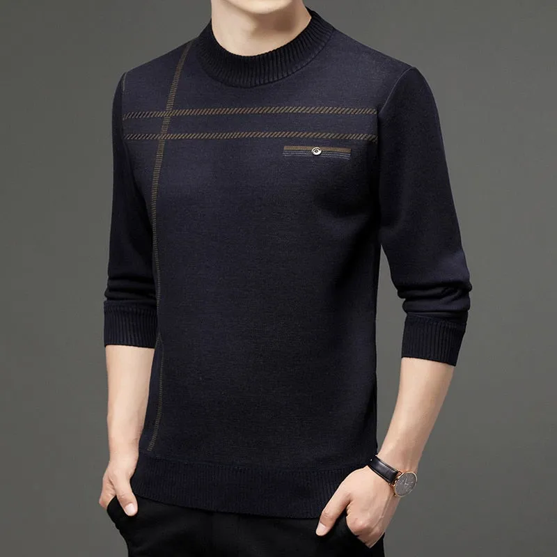 Men's Standard Wool Thick Winter Warm Striped Knitted Pullover Sweater