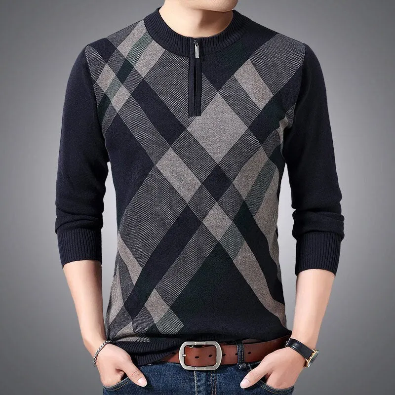 Men's Thick Winter Warm Striped Zipper Flat Knitted Pullover Sweater