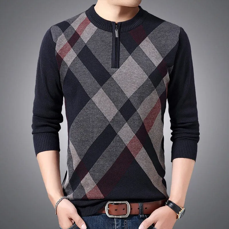 Men's Thick Winter Warm Striped Zipper Flat Knitted Pullover Sweater