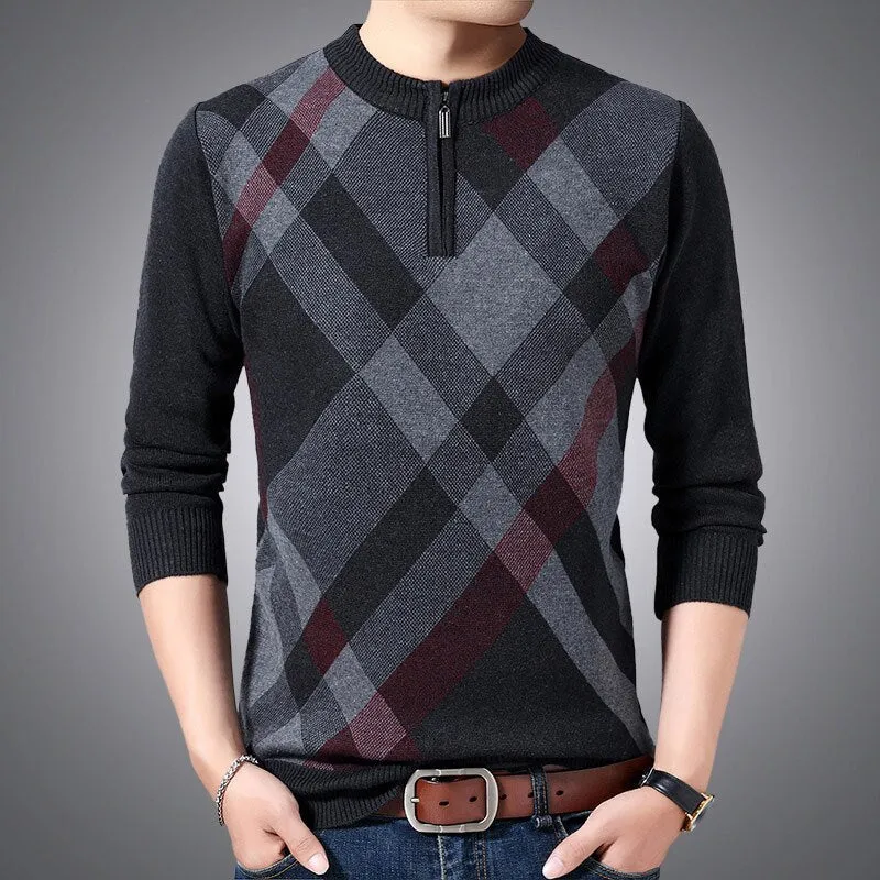 Men's Thick Winter Warm Striped Zipper Flat Knitted Pullover Sweater