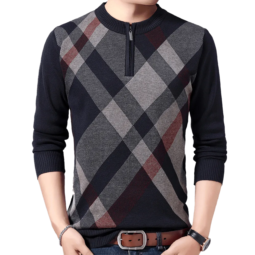 Men's Thick Winter Warm Striped Zipper Flat Knitted Pullover Sweater