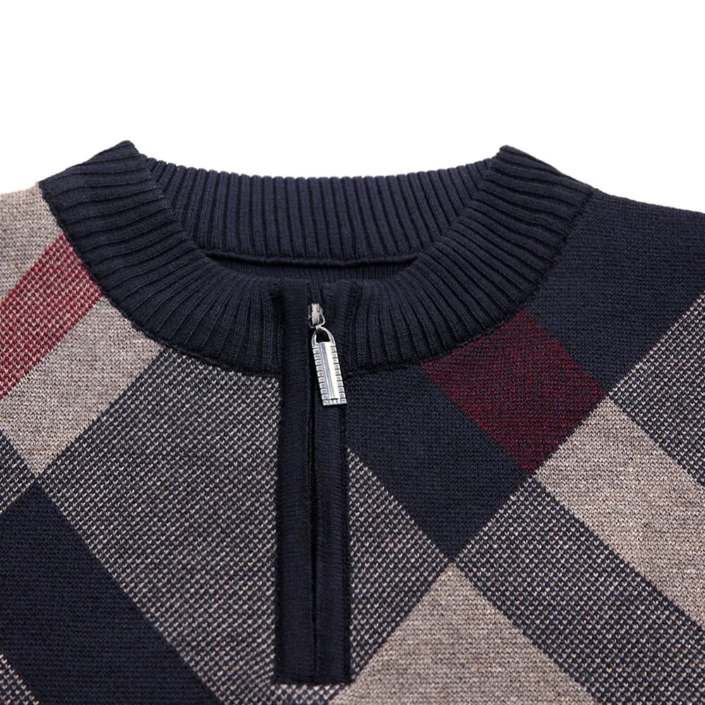 Men's Thick Winter Warm Striped Zipper Flat Knitted Pullover Sweater