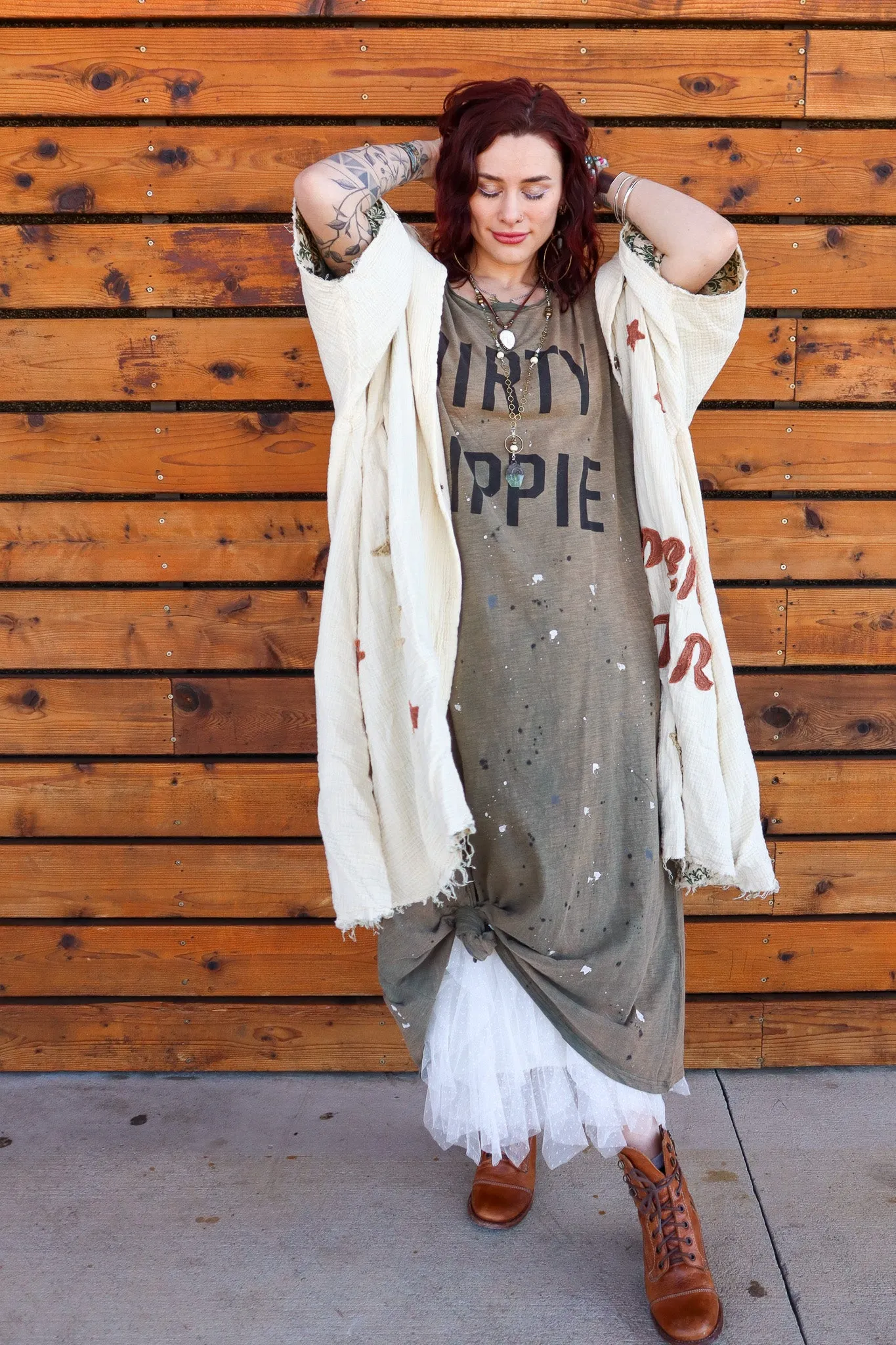 Paint Splattered Dirty Hippie Dress in Vintage Olive