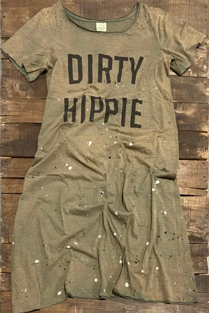 Paint Splattered Dirty Hippie Dress in Vintage Olive