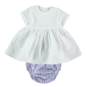 Pequeno Tocon Baby Two Piece Set Dress With Bloomers Blue And White