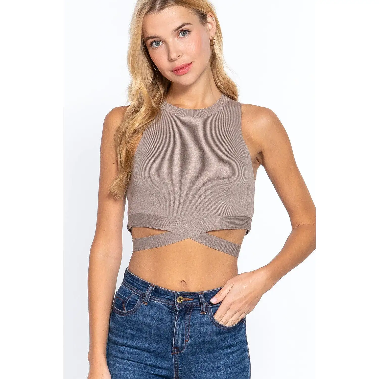 Sleeveless Crew Neck Waist Tie Crop Sweater Top