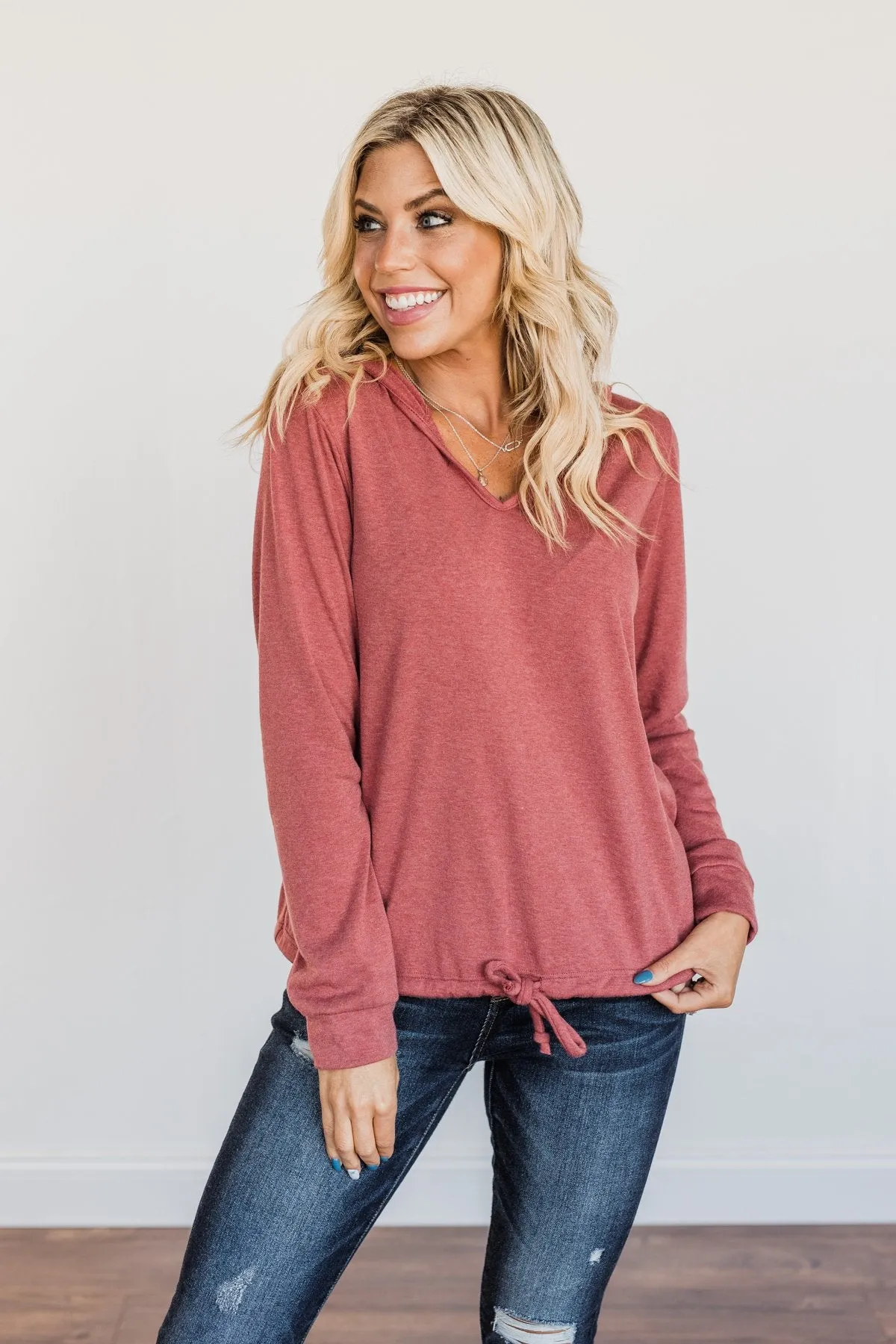 Spice It Up V-Neck Hoodie- Dusty Brick